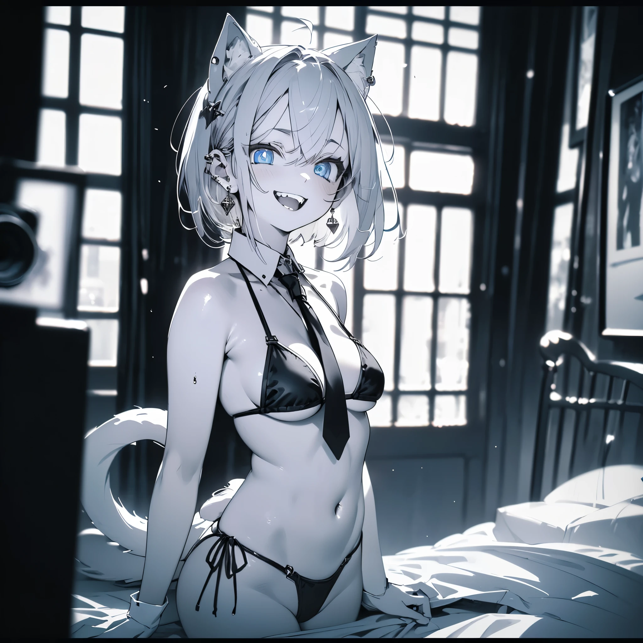 (8k, RAW Photo, Top Quality, Refined Details, Masterpiece: 1.2), (High Resolution 8k Wallpaper), Sharp Focus, Professional Lighting, Depth of Field, Cinematic Lighting, Background Blur, (1Girl:1.6), (small breasts:1.2), (A fluffy tail grows from around the tailbone: 1.4), Smile, (upper body:1.5), (white knee-high socks: 1.2), (bikini: 1.2), (tie: 1.2), (boots: 1.4), animal ears, short hair, earrings, cat ears,(blue eyes:1.6),(black and white photography:1.5)