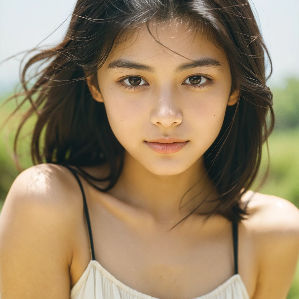 A hyper-realistic close-up image of a single Japanese woman in her early 20s, captured with the nostalgic warmth and subtle graininess of a film camera, focusing on her face and shoulders. Her skin has a warm beige tone with a natural, slightly rough texture that includes visible pores, fine lines, and subtle imperfections such as small blemishes, adding to the authenticity of her appearance. The soft, diffused natural light typical of a sunny summer day casts gentle, warm shadows on her face, enhancing the film-like quality while maintaining the realistic texture of her skin. Her straight, glossy black hair is slightly tousled by a gentle summer breeze, framing her face naturally. She is wearing a light, summery outfit, perhaps with straps visible at the shoulders, that complements her natural beauty and suits the warm weather. The film camera effect introduces a slight grain and a softer focus, giving the image a warm, nostalgic atmosphere while preserving the realism of her skin and features. The overall composition captures the serene and effortless elegance of a summer day, with the focus on the realistic texture of her skin and the timeless quality of the film camera aesthetic.