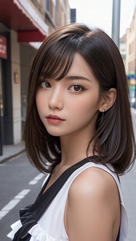 One Girl, (A beauty girl, Delicate girl:1.3), (:1.3),
break, (Gothicta, Frills, race:1.3),
break, Very fine grain definition, (Symmetrical eyes:1.3),
break, (Street view:1.3),
break, Small breasts, Brown eyes, Parted bangs, Brown Hair, ,
break, (Eye and facial details:1.0),
break, (masterpiece, Highest quality, Super detailed, Detailed face, 8k)