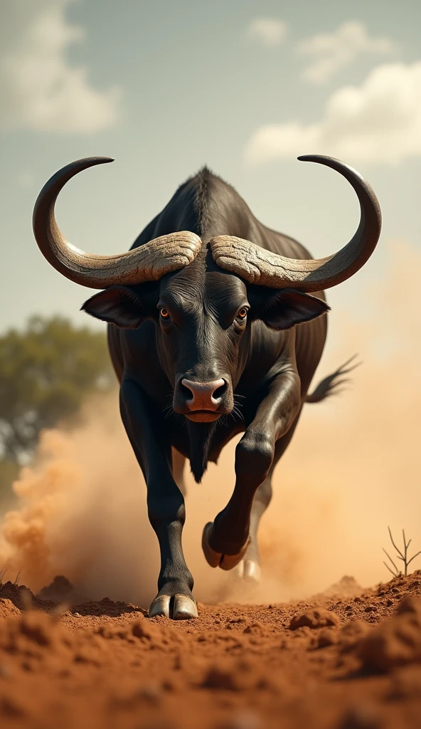 A hyper-realistic image of a powerful bull charging forward in an open savannah landscape. The bull has large, curved horns and an intense expression, with dust being kicked up from the ground as it charges. The scene is set against a dramatic sky, with distant trees blurred in the background.

