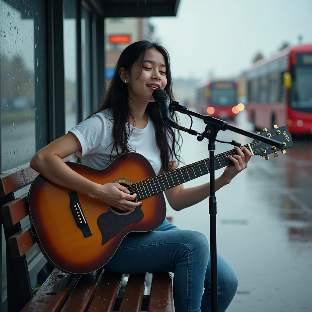 Candid, outdoor photograph featuring a young asian girl , singing with microphone and playing guitar sitting on a bench at a bus stop in the rain. The background in united kingdom, northern ireland. Shot on Leica M3 135mm f1.8 len, Inspired by Li Di. The layout is centered, with the subject occupying the middle of the frame. She has long, wet hair, a fair complexion, wearing a white t-shirt and jeans pants. The background shows a blurred view of buses and a rainy street, with water droplets visible on the bench and ground. The overall mood is somber and reflective, enhanced by the overcast weather and wet environment.