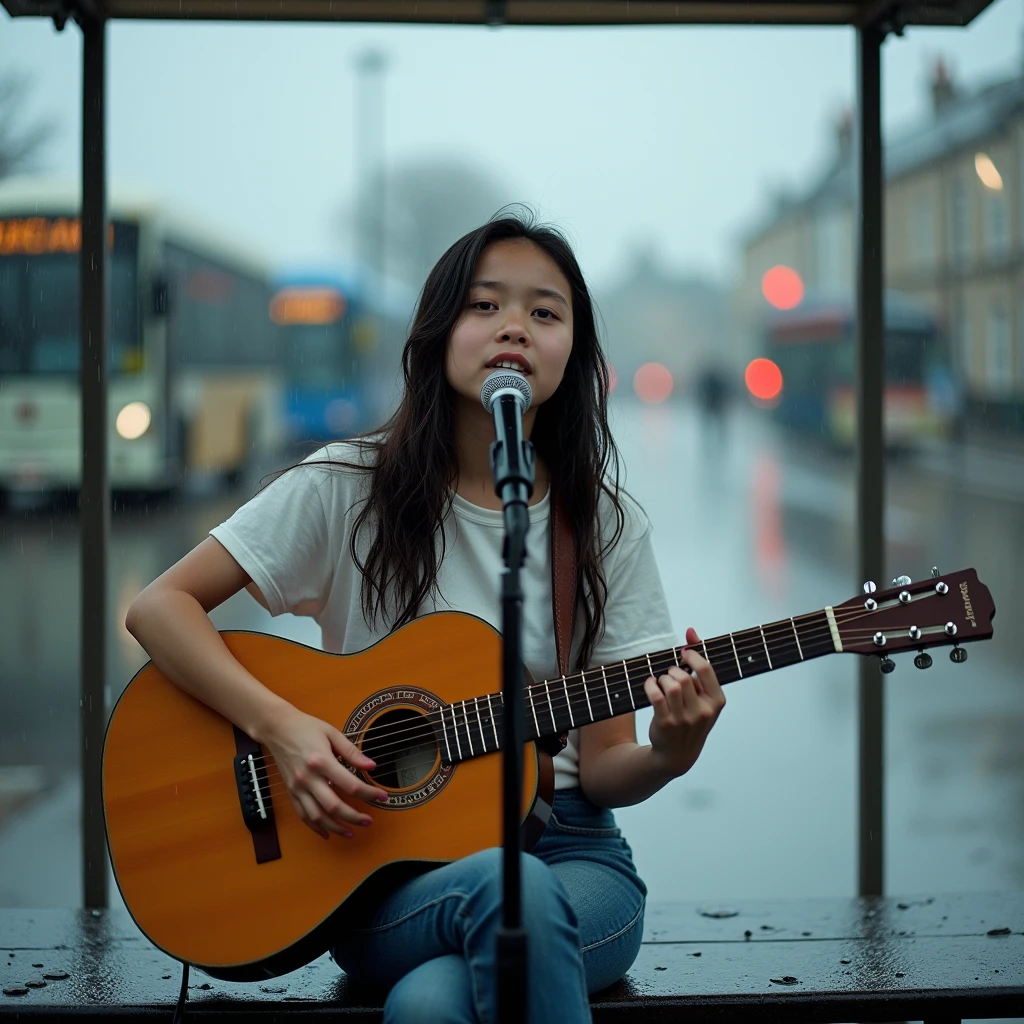 Candid, outdoor photograph featuring a young asian girl , singing with microphone and playing guitar sitting on a bench at a bus stop in the rain. The background in united kingdom, northern ireland. Shot on Leica M3 135mm f1.8 len, Inspired by Li Di. The layout is centered, with the subject occupying the middle of the frame. She has long, wet hair, a fair complexion, wearing a white t-shirt and jeans pants. The background shows a blurred view of buses and a rainy street, with water droplets visible on the bench and ground. The overall mood is somber and reflective, enhanced by the overcast weather and wet environment.