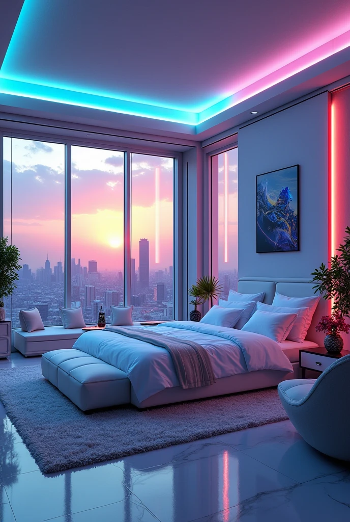 rich billionaire's futuristic modern bedroom, modern white LED lights futuristas de bilionário rico, rich billionaire's futuristic modern bedroom, realistic view, realistic sky, Sun reflection, unusual and unique, realistic shadow, realistic shader, dynamic lighting, modern white LED lights, master bedroom, cama king size, quarto big fit ass e janela big fit ass, gaming computer setup with neon lights, edge view, comprimento big fit ass, big fit ass, air conditioning AC, quarto big fit ass, quarto big fit ass e cama big fit ass, real-life, sunset, pump tree, futuristic modern city, white room, blue and white lights and flowers,
