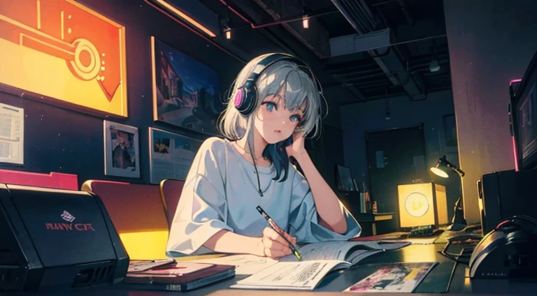 (praise), Study at the table, Gray Hair, Reading a book, wearing a headset, Night Light, Neon scenery on a rainy day, Analog Color Theme, Hip Hop Lo-Fi, flashback, Flat lay, 2.5D , Line art, Ink painting, Big incline, watercolor, Gouache Color, Studio Ghibli Style, Great colorful, Out turn, Synthwave, Lofi Art, 90s Style, Old Texture, amplitude, 90s vibe, masterpiece, Vast skills