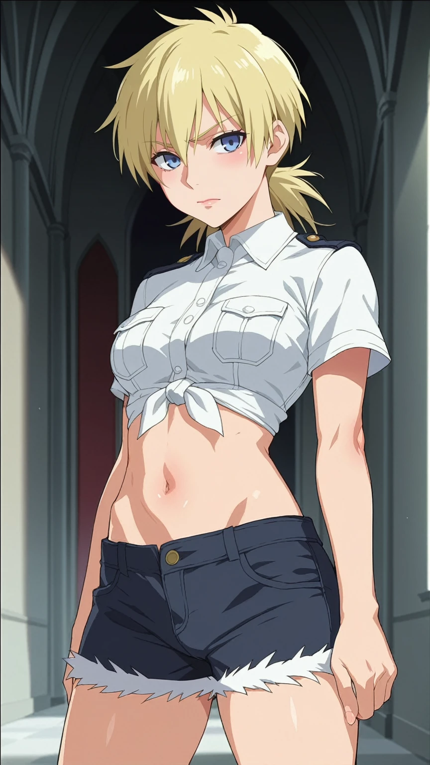 score_4, score_5, score_6, score_9, score_8_up, score_7_up, source_anime, fine anime screencap_xl, anime_screencap, solo, 1girl, indoors, no bra, chest only, choker, red eyeshadow, blonde hair, blue eyes, Annie leonhart, attack on titan, cropped leather jacket, panties, cropped jacket