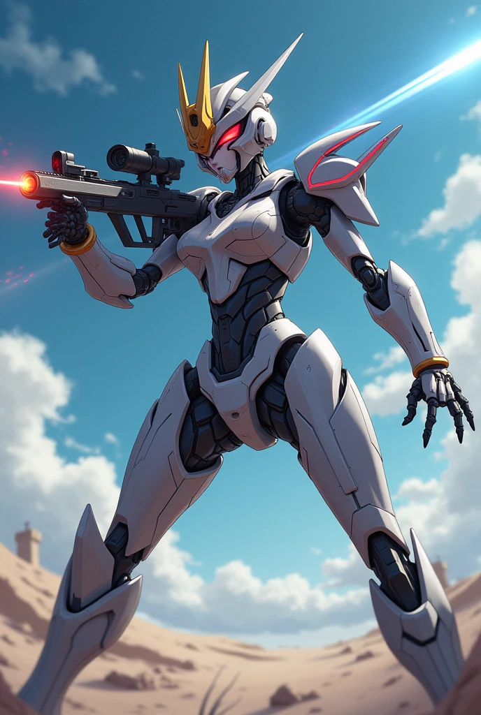 anime, Giant Robot, fluid, Junmin, Sniper, heroic, Thin legs, Full body image of a female super robot, Sniper stance, Fighting with the enemy, Simple Background,universe,