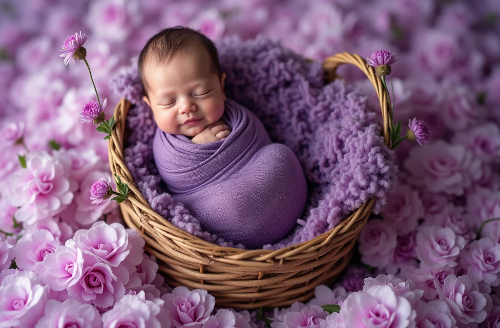 purple blanket on a  in a basket with purple flowers, a colorized photo inspired by Anne Geddes, shutterstock contest winner, process art, wrapped in flowers, violet colored theme, purple themed, violet theme, draped in purple, bed of flowers on floor, maternal photography 4 k, lovely and cute, girl in a bed of flowers, cute photo, beautiful cute