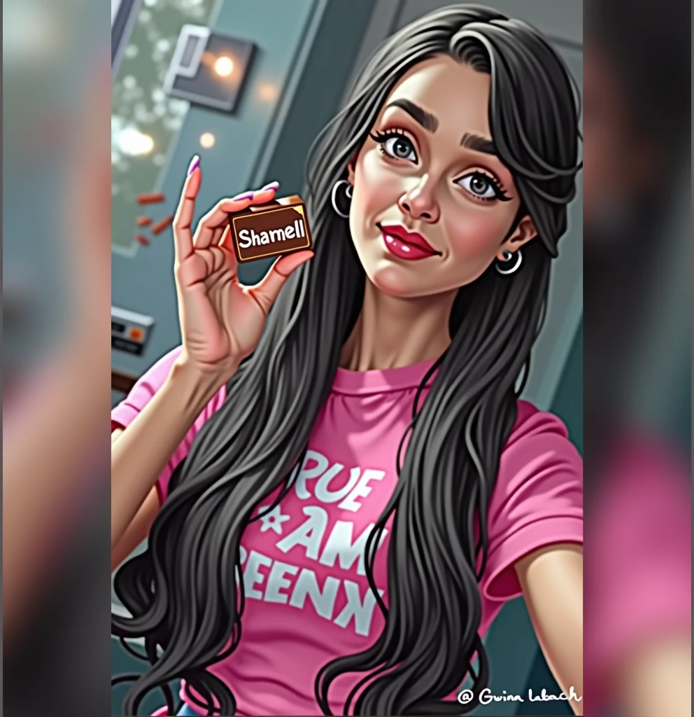 I need you to make her holding a chocolate that says Shamell