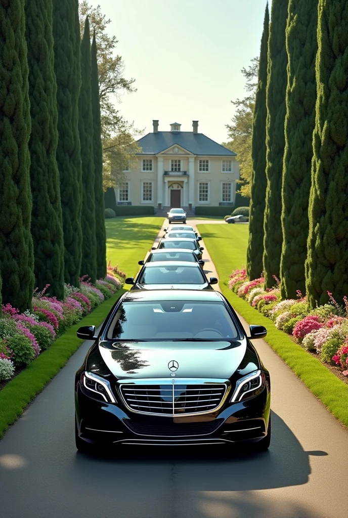 A convoy of 6 Mercedes Benz s600 Pullman making it's way through the gate and drive way to a mansion that has a beautiful flowers,grass and trees the first one should have a green flag on the right side of the Bonet of the vehicle just a small one on the front to the right better quality