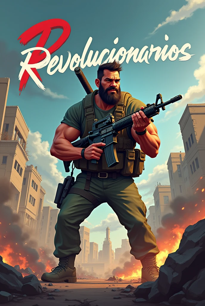 Make an image for a server called 'Revolucionarios', He must be wielding an m4 in a war scenario, half cartoonish and has to have the name REVOLUTIONARIOS in the photo