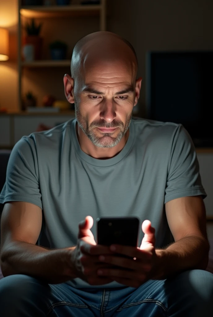 bald white man looking at his phone inside a house 