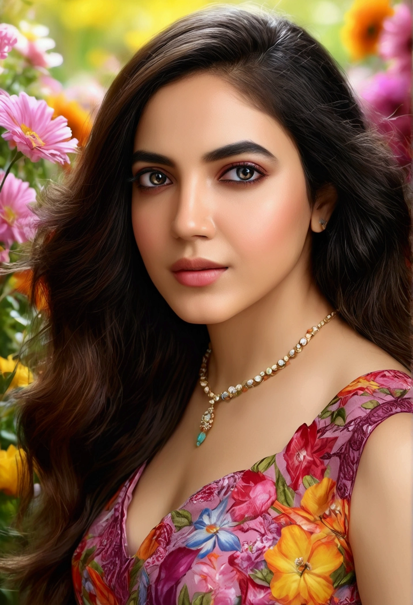 A woman walking slowly in a flower garden, hands gently touching the flowers, shellout, extremely detailed hair, well detailed and colorful dress, daylight, beautiful detailed eyes, beautiful detailed lips, extremely detailed face and features, long eyelashes, (best quality,4k,8k,highres,masterpiece:1.2),ultra-detailed,(realistic,photorealistic,photo-realistic:1.37),HDR,UHD,studio lighting,ultra-fine painting,sharp focus,physically-based rendering,extreme detail description,professional,vivid colors,bokeh,portrait, ritu