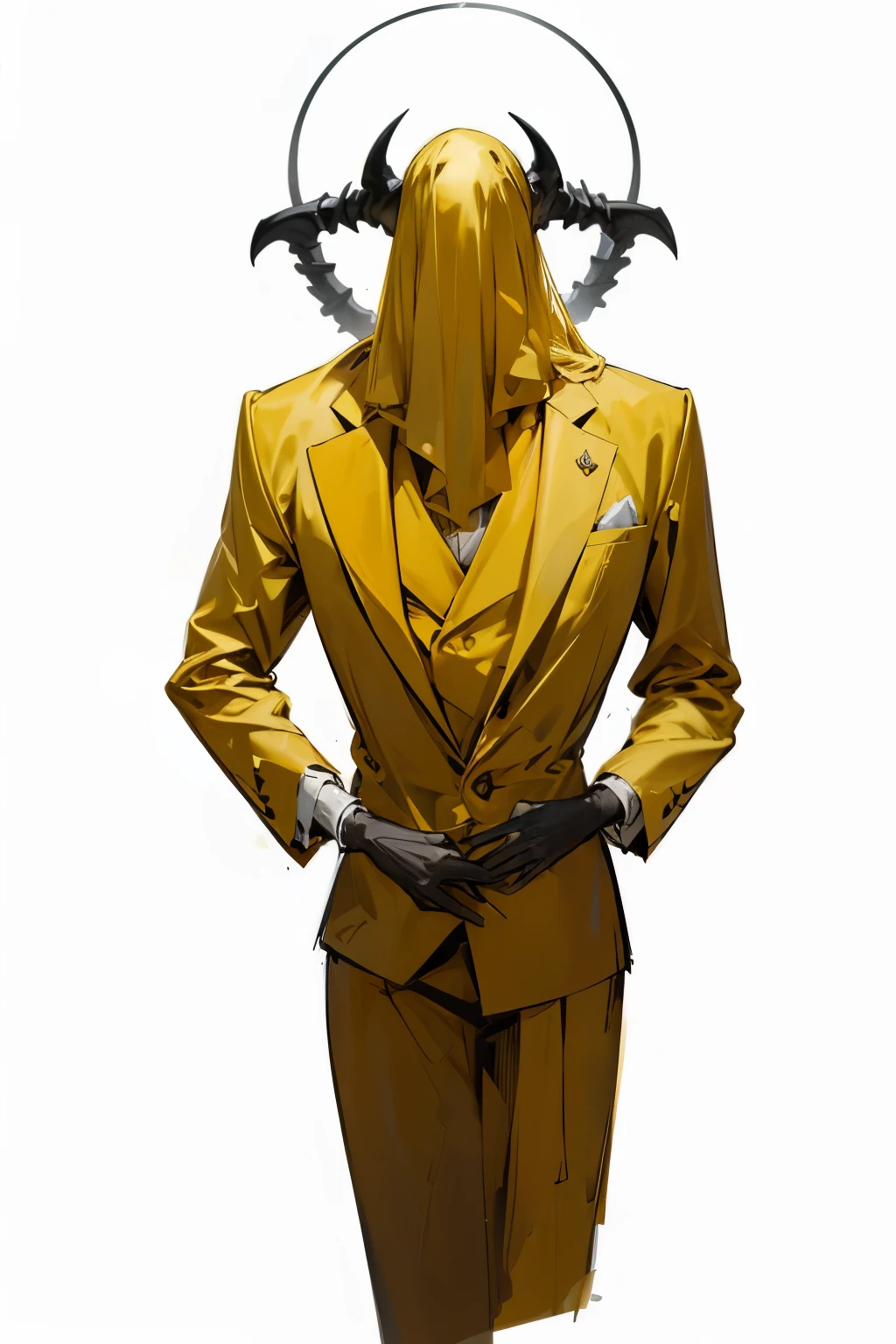 a painting of a demon, charcoal-black skin, gaunt, very slender/lanky, long boney fingers, very boney physique, deep yellow veil covering face, very thick veil, veil covering eyes and mouth, veil obscuring face completely, no visible face, mischievous body language, skeletal body, dry gaunt hands, arms held in front, golden-yellow tuxedo, golden-yellow business suit, deep yellow suit jacket, not moving, stylized outlines