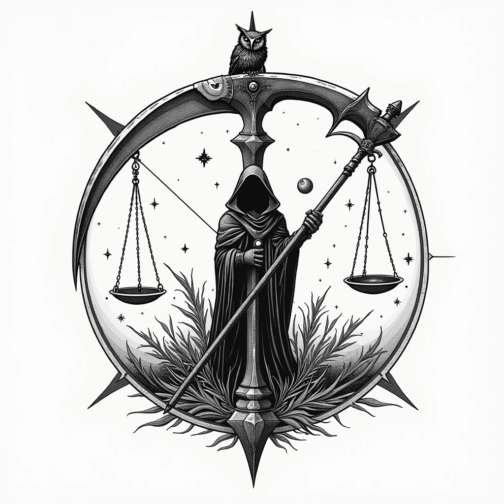 death,a scythe, An owl, A WORLD,a scale, A sand clock, all in one stamp, or magic seal,black and white drawing , stamp containing all of the above, only lines