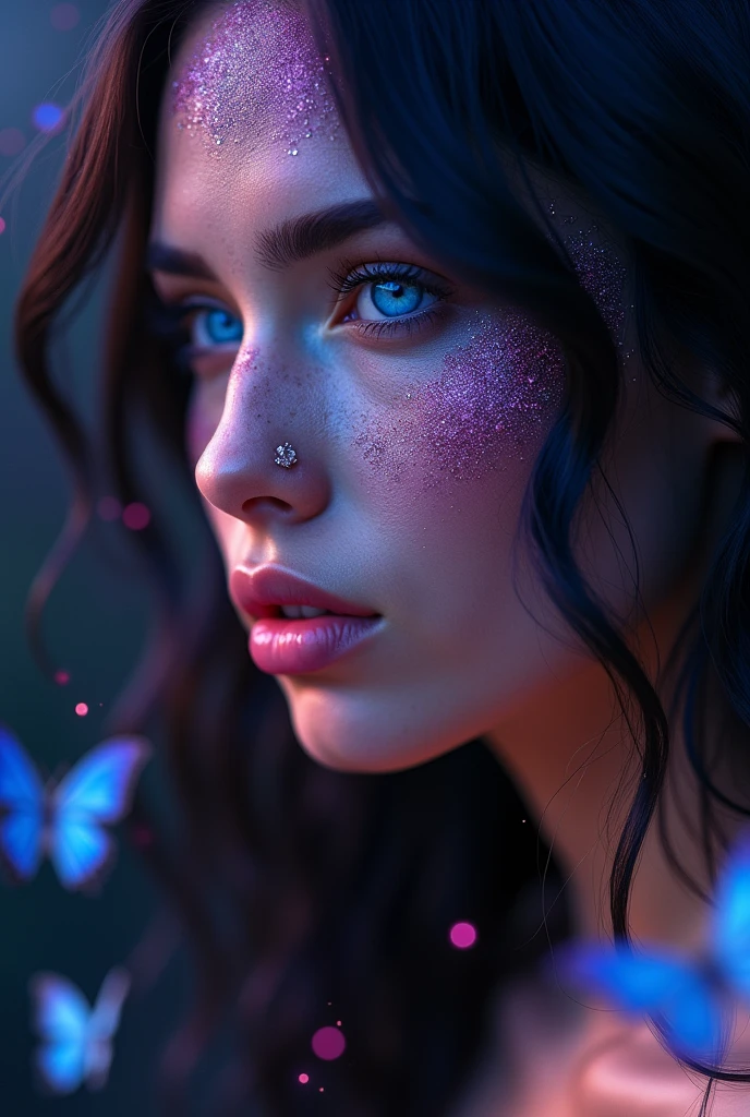 Close-up of a best masterpiece, HD photography, INTENSE SAPPHIRE SKY BLUE EYES only the face of a beautiful Russian woman like Aphrodite, with black hair in waves and sapphire blue eyes as clear as the sky, SAPPHIRE BLUE EYES HIGHLIGHT, Stars of colors in her eyes, with purple and pink glitter on her face, Looking forward in profile, only her face can be seen, In the background a beautiful place dark with pink sparkles and blue butterflies, the glow of d, LEAVE LET YOUR EYES BE THE THING THAT STANDS OUT THE MOST AND THE ONLY THING THE IMAGE FOCUSES ON with diamond skin and hair part shining to symbolize brilliance. with diamond, mirando de lado de perfil, que sus ojos sean hipnotizantes azul brillante zafiro como diamantes, neblina azul