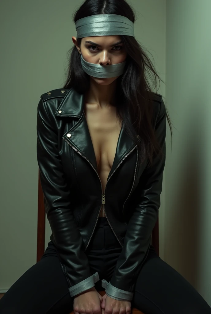 Dafne keen, in leather leggings, jacket, boots, arm tied behind, leg tied, duct tape, gagged, silver tape, soft light, alone, sexi, mouth tied, chair tied, uhd, 4k