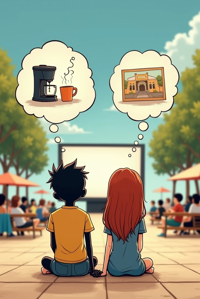 Make a picture of a couple in the shape of a child's stick figure, sitting in the middle of the square on the floor watching a movie on the big screen outdoors in the square, make an imagination balloon of her thinking about the coffee maker, and he thinking about the museum.
He is black with very short hair, she is brown with long dark red hair