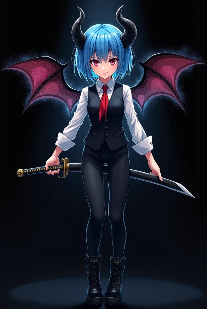 More mature anime style image. An image with a black background. a  girl, blue hair and red eyes, wore a white dress shirt rolled up to the elbows and a vest, black pants and black boots. Small black horns came out of her hair. A human image, but still diabolical. A dark aura around him ready to kill at any moment along with his serious expression. He used a katana that emanated a dark glow around him.. There was a strange glow behind him that gave the shape of wings..