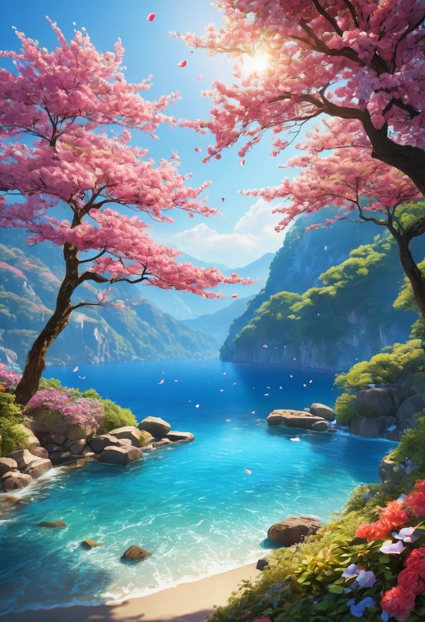 masterpiece, (best quality, 8k wallpaper, Extremely detailed CG unification),(Illustrations of the highest quality),(Highest quality shadows),nature, Blue Ocean, Delicate leaves, Colorful petals falling in the air，Leaving a trail of light, Extremely detailed