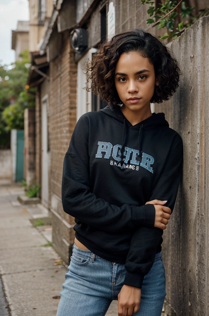 Gender: Women
Age: Young Adult
Skin color: Olive
Ethnicity: Caribbean
Weight: Skinny
Height: Average
Hair length: Short
Hair type: Curly
Hair color: Black
Hair style: Undercut
Face: High Forehead, Long Face
Eyes color: Black
Clothes: Black Sneakers, Dark Blue Hoodie, Blue Jeans