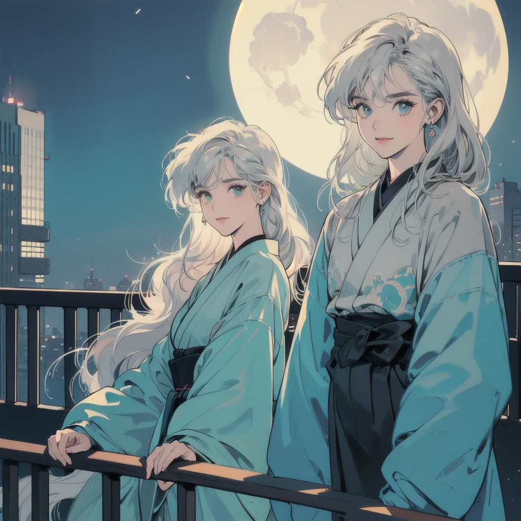 (masterpiece), highest quality, Cyan eyes, Light grey hair, Expressive eyes, Jorhaya, Looking out from the balcony of a high-rise apartment building, 80's Japanese style woman, Night Sky, Cityscape, View Viewer, City lights, Dramatic Light, Calm face,Smiling、Full moon night