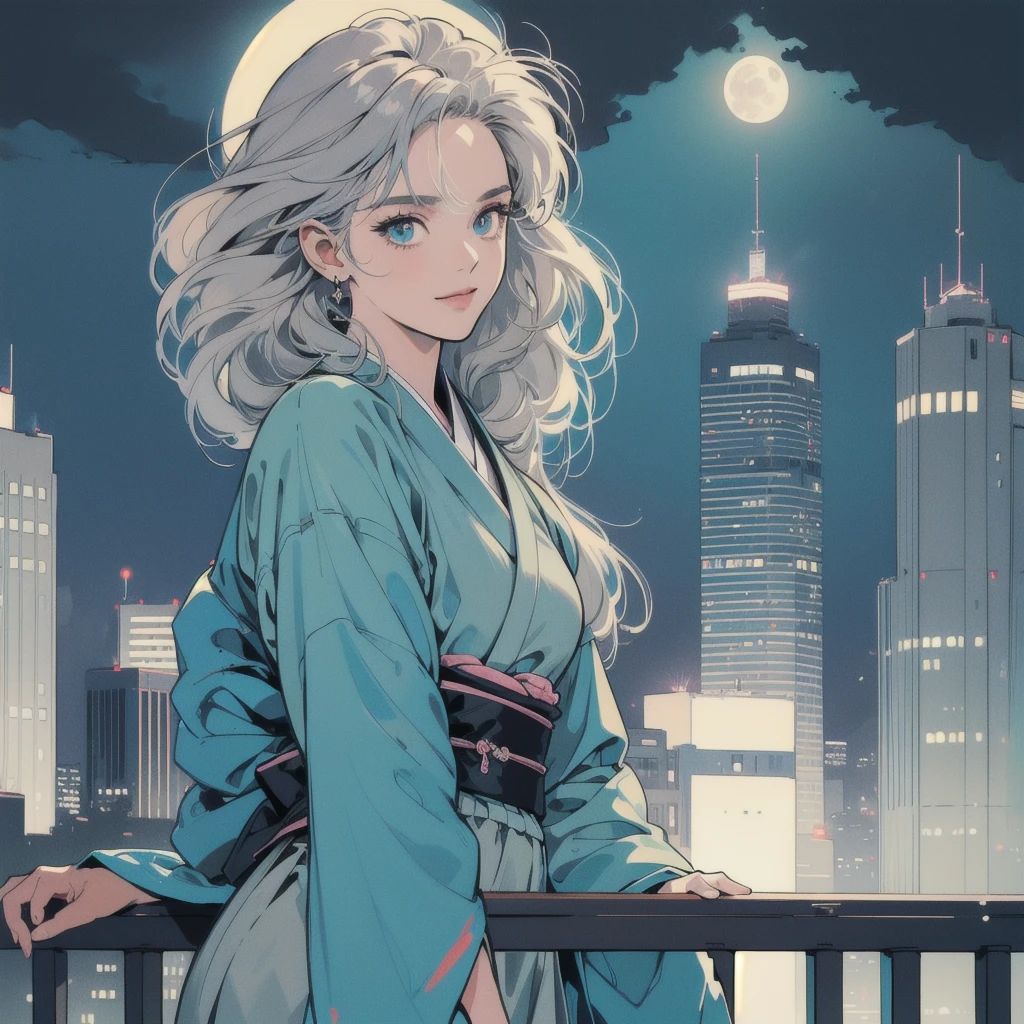 (masterpiece), highest quality, Cyan eyes, Light grey hair, Expressive eyes, Jorhaya, Looking out from the balcony of a high-rise apartment building, 80's Japanese style woman, Night Sky, Cityscape, View Viewer, City lights, Dramatic Light, Calm face,Smiling、Full moon night