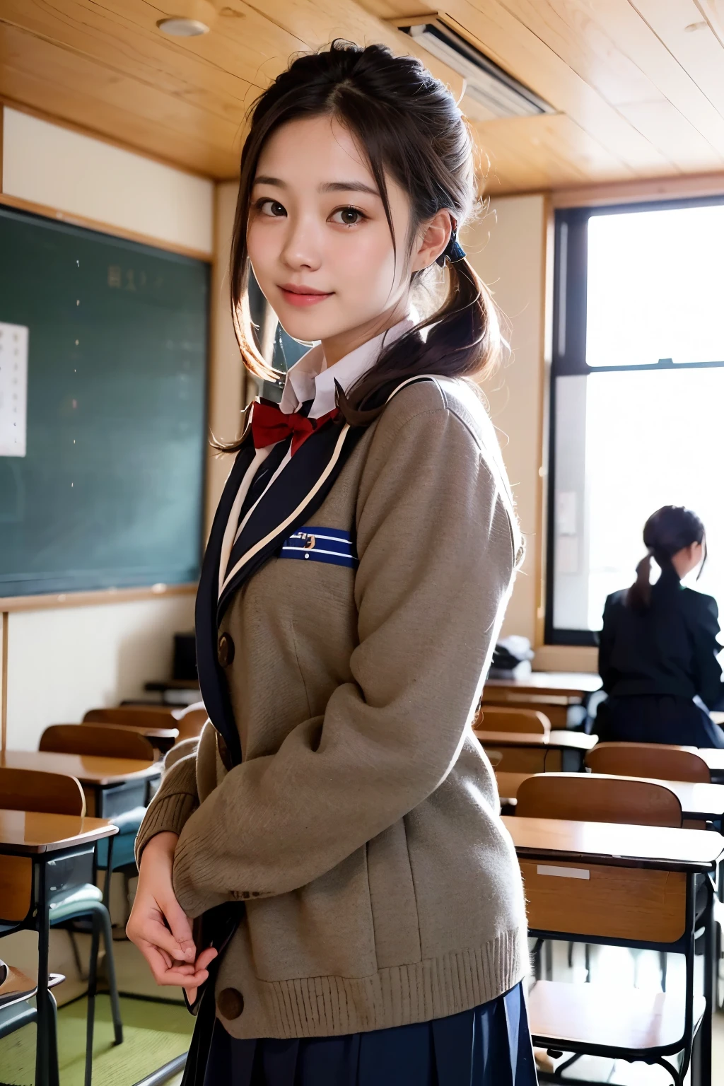 ((masterpiece)), japanese, (a girl), (18 years old), (((school uniform))), smiling, indoor, dark blue knit vest, thighs, 