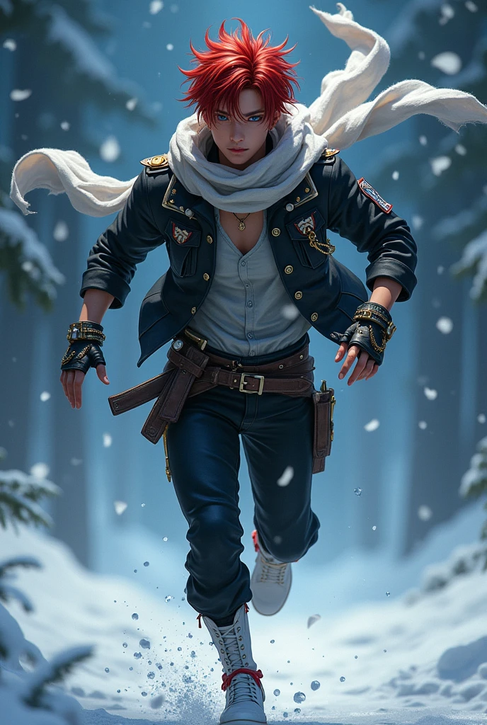 just 1 semi realistic man, super handsome man with seductive eyes, red hair with a hairstyle similar to that of the character Sasuke, but wearing steampunk glasses on his head, with the symbol of a blue wing, very blue eyes, like heaven, muito claro, Asian, wears a beautiful short black jacket with cyan blue details, gray blouse, with a huge scarf tied around his neck, that crawls to the ground, black military style pants and white military boots, with red details, além de luvas brancas with red details sem dedos de material como couro, and a punk belt under the shirt. Make him look at the starry sky and the snow, sprinting, with the scarf in the wind