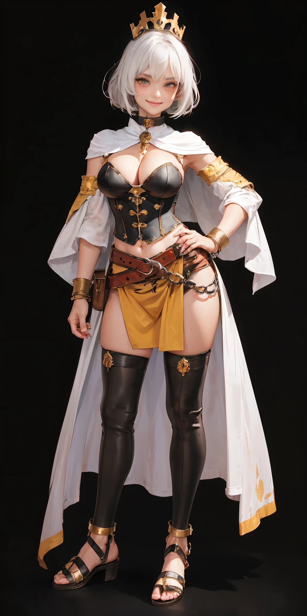 ((BLACK BACKGROUND 1:2, masterpiece)) 1solo female full body standing straight symmetrical with two long thighs and two metal sandals, red eyes like rubies, looking to the viewer, silver white hair, short bob style hair, big knockers breastplate, breastplate, cleavage, tiara royal, long cape up to two feet, yellow bikini (yellow tiger stripes), lustful smirking smiling, smile face (red blushed, red cheeks), pauldrons metal shoulders, gold sleeveless bracelets, separate sleeves, hands on waist hands OR hips, golden bracers, metal handcuffs, leather corset, red loincloth, black leather choker slave collar, shackles bracelets, slave red crest under navel, navel, big belt around waist OR hips, feet together, metal ankles