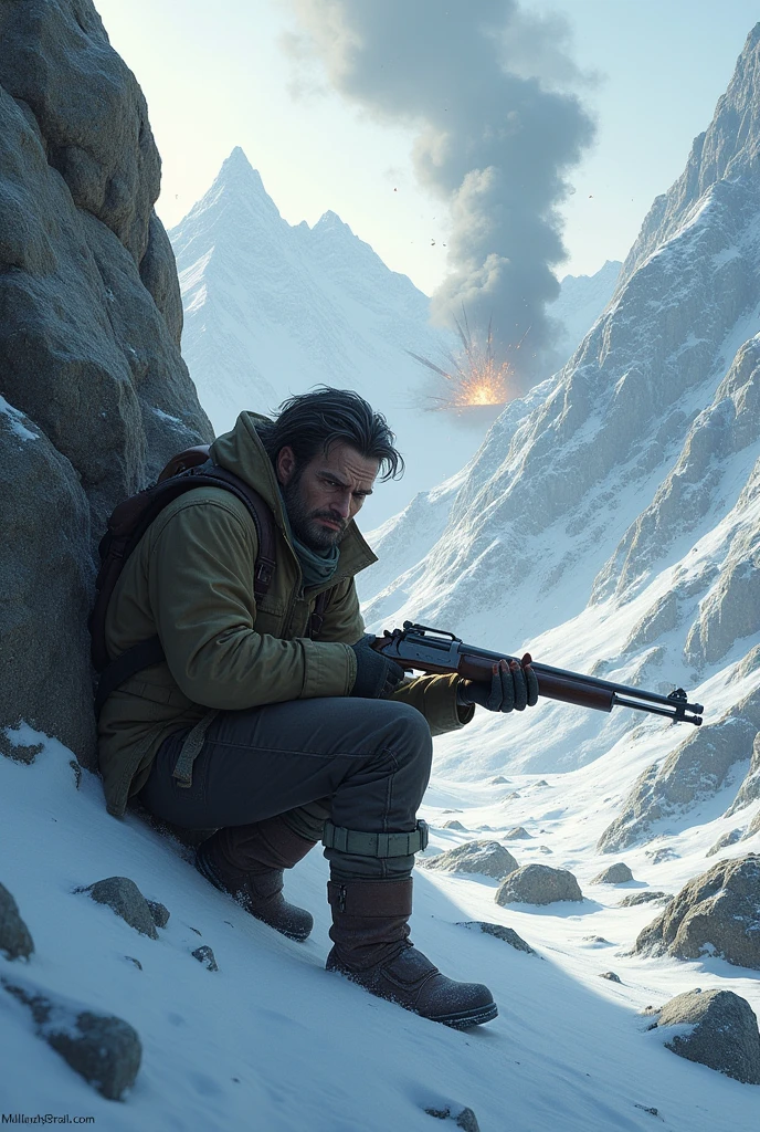 Create a hunter lost and hiding in the mountains with a rifle in an explosion