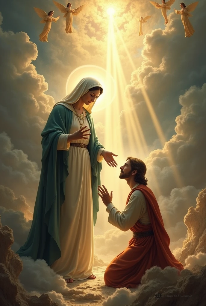 Create an image where the mother of god is saving a soul at gods judge

