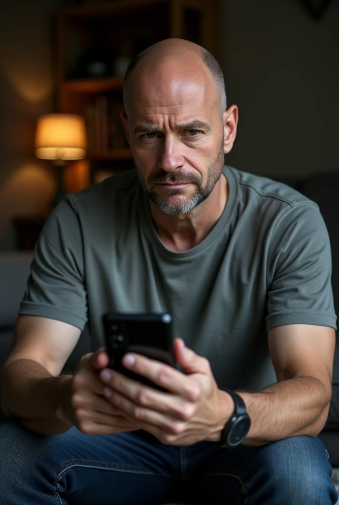 bald white man looking at his phone inside a house 