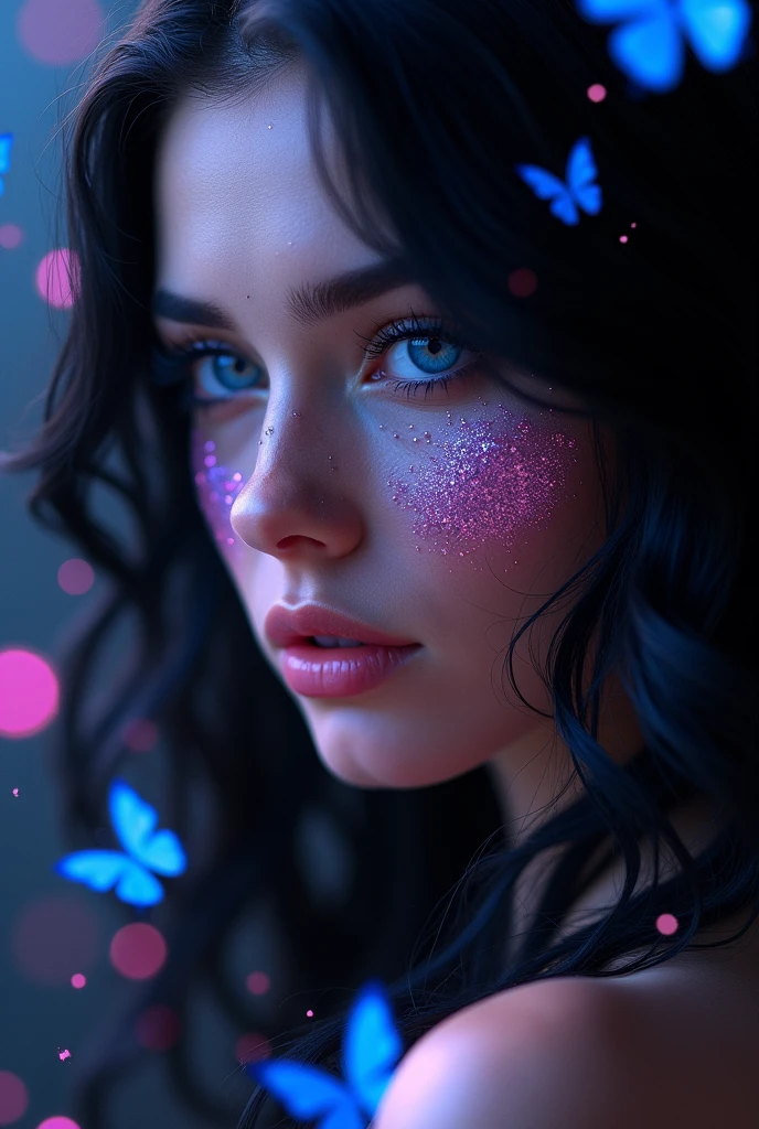 Close-up of a best masterpiece, HD photography, INTENSE SAPPHIRE SKY BLUE EYES only the face of a beautiful Russian woman like Aphrodite, with black hair in waves and sapphire blue eyes as clear as the sky, SAPPHIRE BLUE EYES HIGHLIGHT, Stars of colors in her eyes, with purple and pink glitter on her face, Looking forward in profile, only her face can be seen, In the background a beautiful place dark with pink sparkles and blue butterflies, the glow of d, LEAVE LET YOUR EYES BE THE THING THAT STANDS OUT THE MOST AND THE ONLY THING THE IMAGE FOCUSES ON with diamond skin and hair part shining to symbolize brilliance. with diamond, mirando de lado de perfil, que sus ojos sean hipnotizantes azul brillante zafiro como diamantes, neblina azul