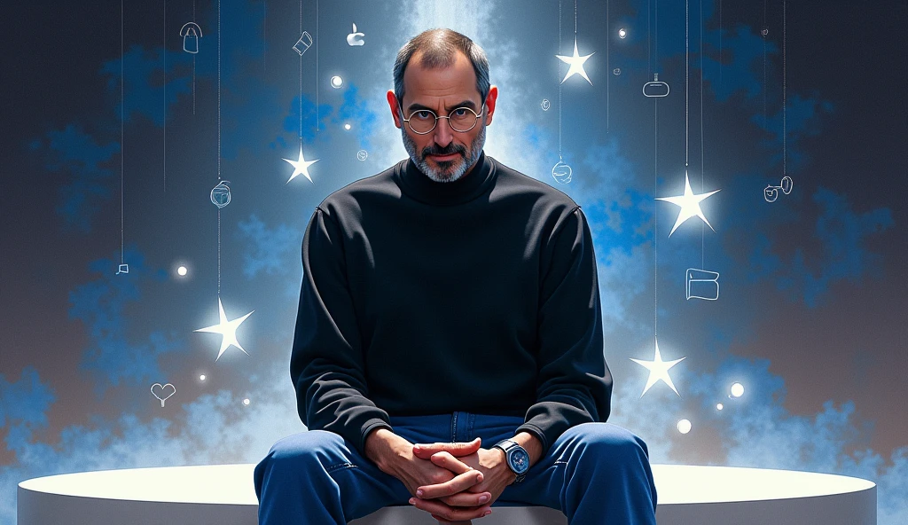 A digitally rendered portrait of Steve Jobs, capturing the essence of his visionary nature. He is seen wearing his iconic black turtleneck and blue jeans., sitting on a minimalist platform. Behind him, a timeline of Apple's evolution unfolds, with multiple devices like iPod, iPhone, and a MacBook. An aura of brightness surrounds him, with stars and spiral patterns symbolizing their creative and revolutionary impact. The image is sharp and clear, celebrating the legacy of Steve Jobs and his lasting contribution to technological advancement.