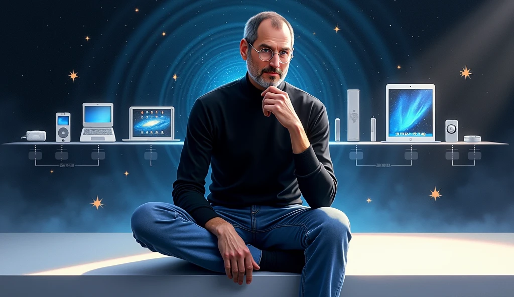 A digitally rendered portrait of Steve Jobs, capturing the essence of his visionary nature. He is seen wearing his iconic black turtleneck and blue jeans., sitting on a minimalist platform. Behind him, a timeline of Apple&#39;s evolution unfolds, with multiple devices like iPod, iPhone, and a MacBook. An aura of brightness surrounds him, with stars and spiral patterns symbolizing their creative and revolutionary impact. The image is sharp and clear, celebrating the legacy of Steve Jobs and his lasting contribution to technological advancement.