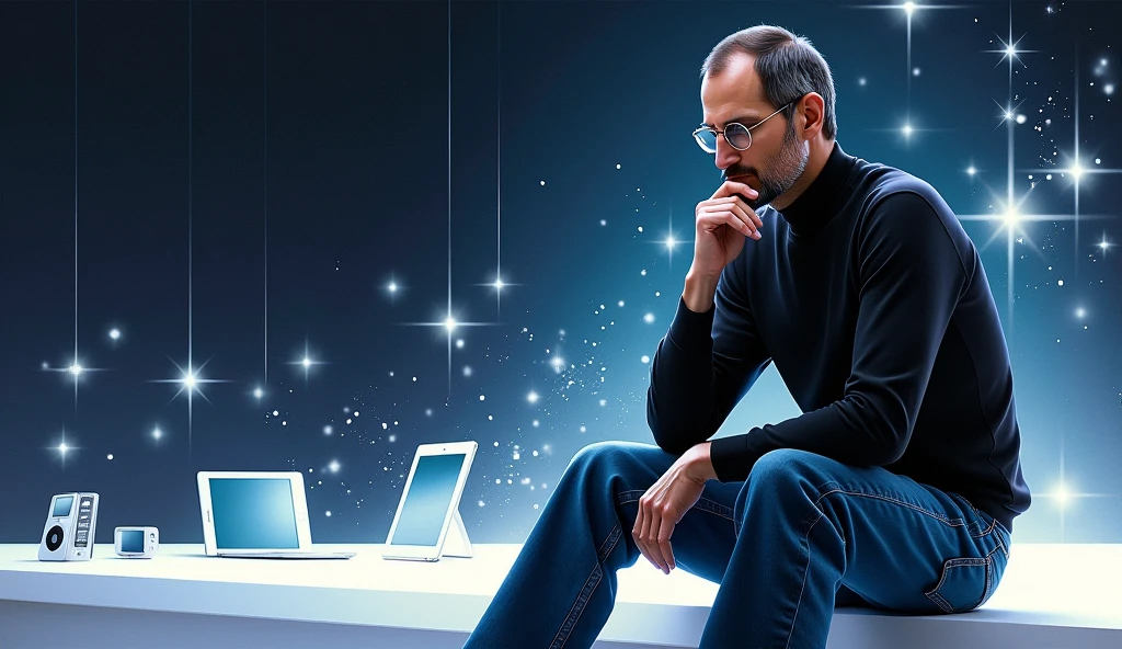 A digitally rendered portrait of Steve Jobs, capturing the essence of his visionary nature. He is seen wearing his iconic black turtleneck and blue jeans., sitting on a minimalist platform. Behind him, a timeline of Apple's evolution unfolds, with multiple devices like iPod, iPhone, and a MacBook. An aura of brightness surrounds him, with stars and spiral patterns symbolizing their creative and revolutionary impact. The image is sharp and clear, celebrating the legacy of Steve Jobs and his lasting contribution to technological advancement.