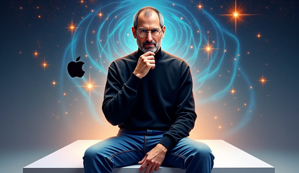 A digitally rendered portrait of Steve Jobs, capturing the essence of his visionary nature. He is seen wearing his iconic black turtleneck and blue jeans., sitting on a minimalist platform. Behind him, a timeline of Apple&#39;s evolution unfolds, with multiple devices like iPod, iPhone, and a MacBook. An aura of brightness surrounds him, with stars and spiral patterns symbolizing their creative and revolutionary impact. The image is sharp and clear, celebrating the legacy of Steve Jobs and his lasting contribution to technological advancement.