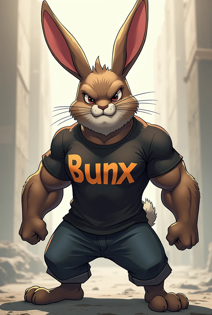 An anime style rabbit, from wizard class, with a shirt that says Bunx , adult and bad face, with muscles 