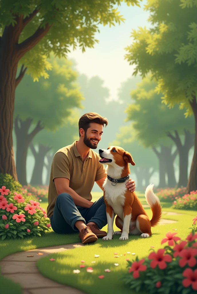 with his dog in a park