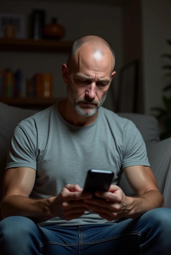 bald white man looking at his phone inside a house