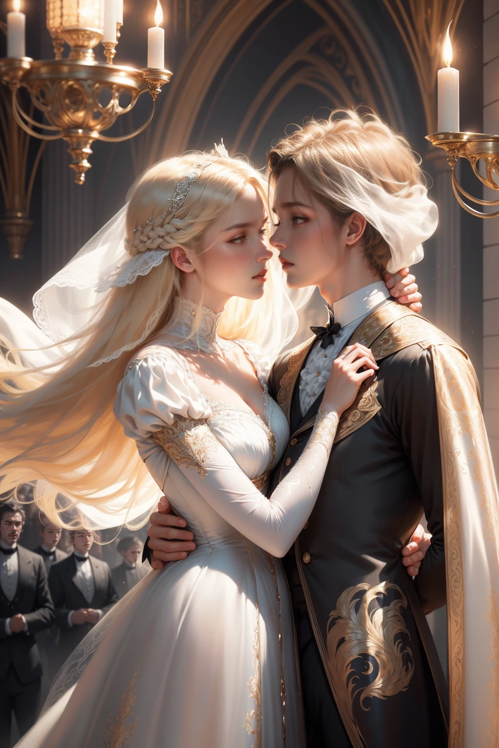 (Masterpiece - Ultra-detailed, very high resolution) Prepare to be enchanted by a true masterpiece that combines ultra-detailed art with high-resolution rendering. This work depicts a mesmerizing woman with very long blond hair (1.3) and captivating light blue eyes (1.2), emanating an aura of elegance and mystery in Victorian settings. The intricate details and realistic textures invite you to explore every aspect of this enchanting composition. Woman wearing beautiful classic Victorian costume from the year 1878. Red lips. Happy face. Smiling. (white dress). Dancing lightly, upper body, dynamic poses. Get ready to dive into a world where beauty and craftsmanship merge perfectly. kissing a man.