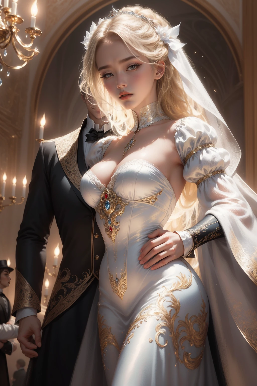 (Masterpiece - Ultra-detailed, very high resolution) Prepare to be enchanted by a true masterpiece that combines ultra-detailed art with high-resolution rendering. This work depicts a mesmerizing woman with very long blond hair (1.3) and captivating light blue eyes (1.2), emanating an aura of elegance and mystery in Victorian settings. The intricate details and realistic textures invite you to explore every aspect of this enchanting composition. Woman wearing beautiful classic Victorian costume from the year 1878. Red lips. Happy face. Smiling. (white dress). Dancing lightly, upper body, dynamic poses. Get ready to dive into a world where beauty and craftsmanship merge perfectly. kissing a man.