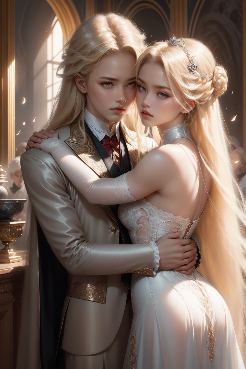 (Masterpiece - Ultra-detailed, very high resolution) Prepare to be enchanted by a true masterpiece that combines ultra-detailed art with high-resolution rendering. This work depicts a mesmerizing woman with very long blond hair (1.3) and captivating light blue eyes (1.2), emanating an aura of elegance and mystery in Victorian settings. The intricate details and realistic textures invite you to explore every aspect of this enchanting composition. Woman wearing beautiful classic Victorian costume from the year 1878. Red lips. Happy face. Smiling. (white dress). Dancing lightly, upper body, dynamic poses. Get ready to dive into a world where beauty and craftsmanship merge perfectly. kissing a man.