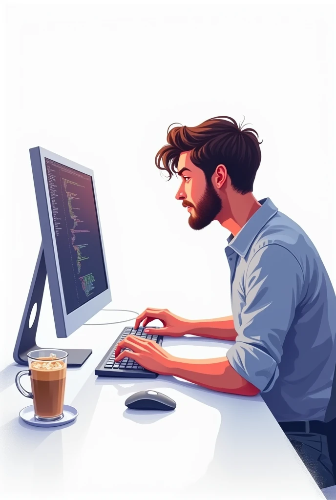 The image is in banner size X. The illustration is of a programmer on a white desk with all devices in white and iced coffee on the desk.