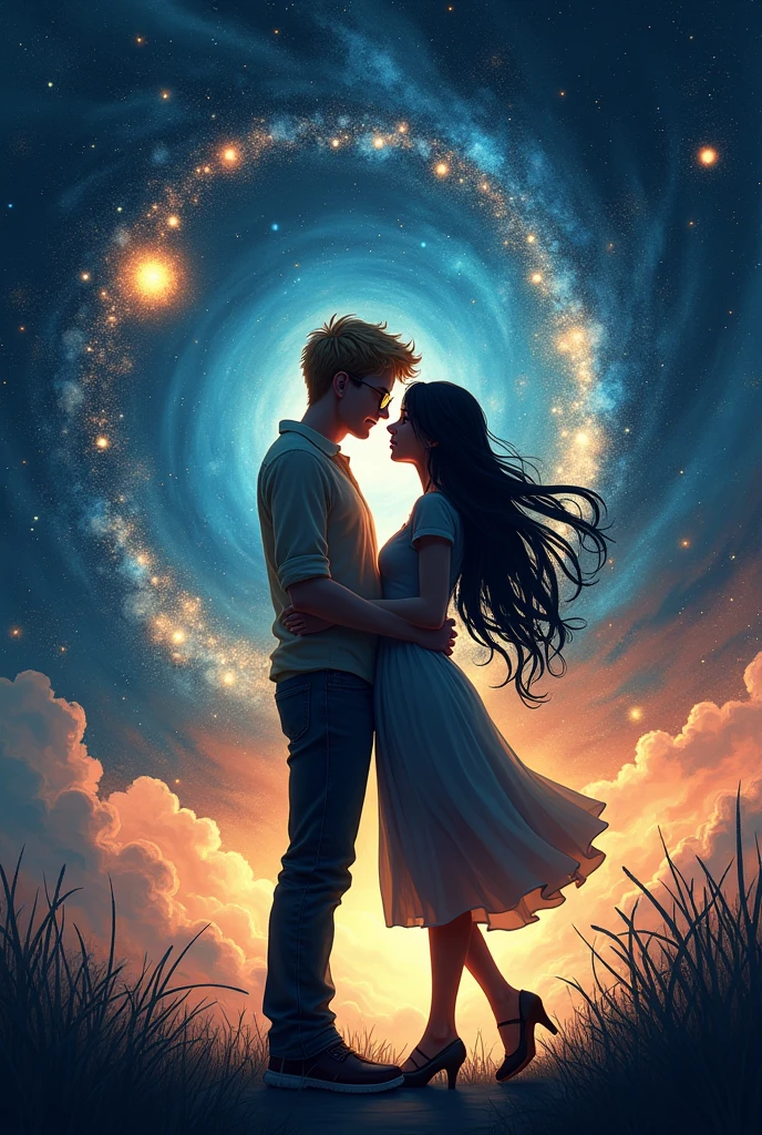 Romance book cover, with the name Flow of time Silhouette of a young adult couple Tall blond boy, wears glasses girl has long black hair and she wears glasses Background with universe depicting time
