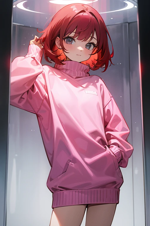 Red haired girl wearing, pink sweater,transparent socks 