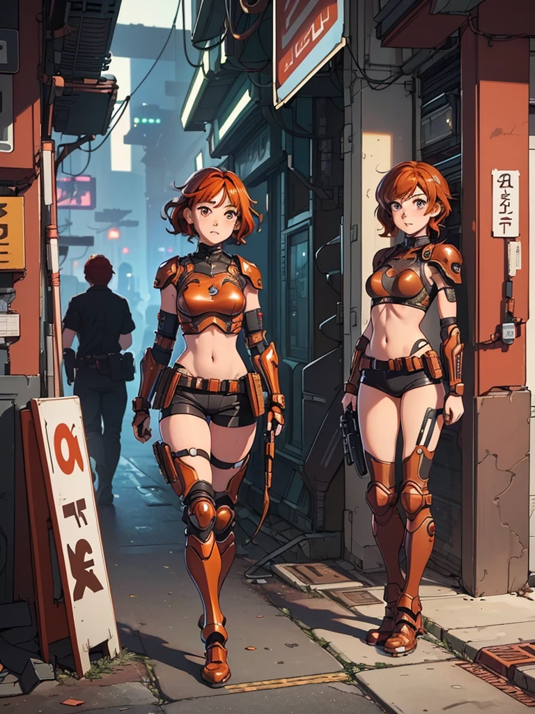 (masterpiece), (best quality), ((one girl)),((red copper hair)),(brown eyes),short hair, curly hair, anime style, freckles, (small breast), (petite figure), legs,(cyberpunk),(cyberpunk armor) (full body armor),(full leg armor),(almond eyes),(tan skin)