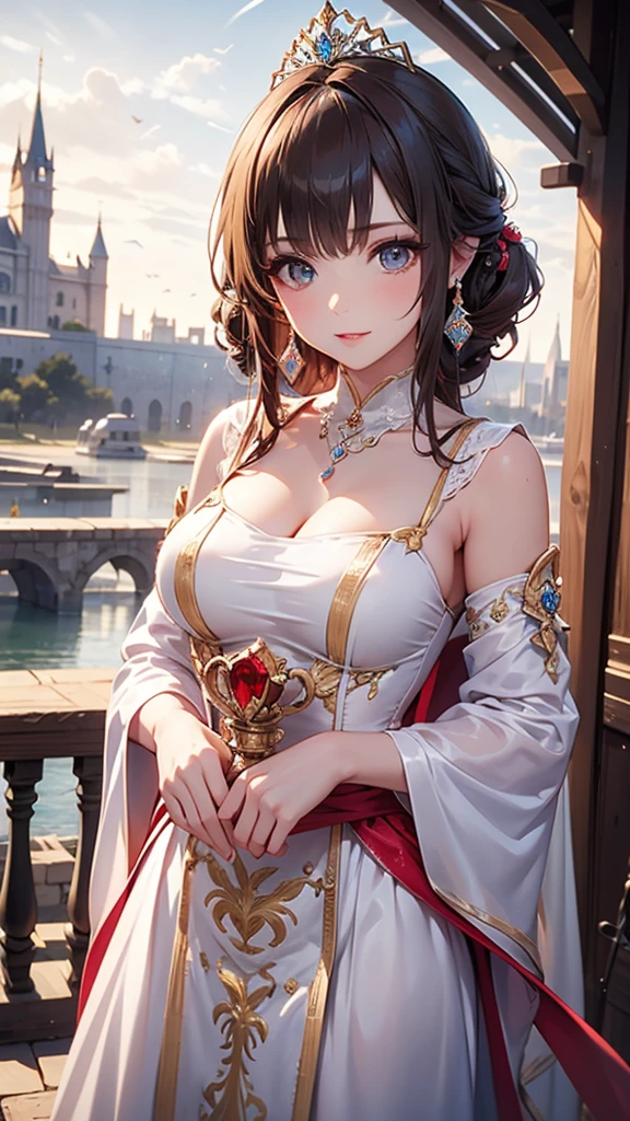 ((masterpiece)), (textured skin), ((high details)), best quality, award winning, 8k, beautiful woman, silk dress, noble, PRİNCESS, queen, bionde, half updo, hair flaps, tiara, crystal earrings,Castle、palace、middle ages