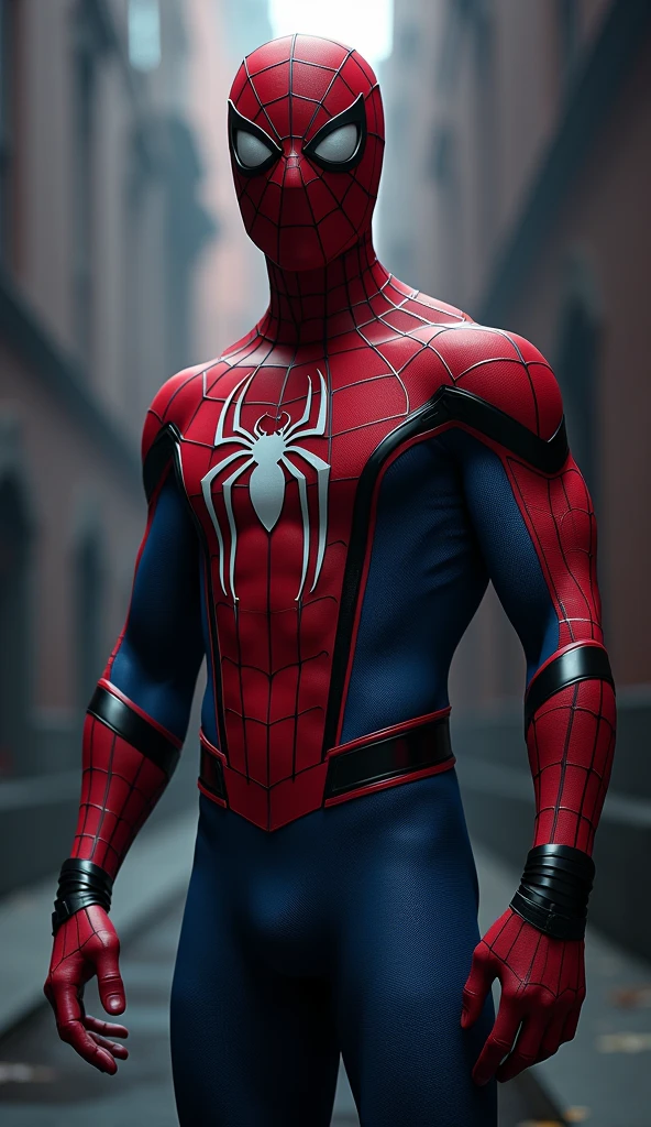 A highly detailed, photorealistic, and cinematic portrait of Spider-Man in his advanced red and blue suit from the Marvel Cinematic Universe, featuring a prominent white spider symbol on the chest, with small black and white movable eye lenses, 8K resolution, masterpiece, unreal engine, dramatic lighting, cinematic composition, hyper-realistic, volumetric lighting, physically-based rendering