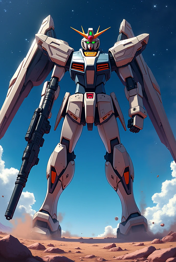 anime, Giant Robot, fluid, Junmin, Sniper, heroic, Thin legs, Super robot full body image, Sniper stance, Fighting with the enemy, Simple Background,universe,